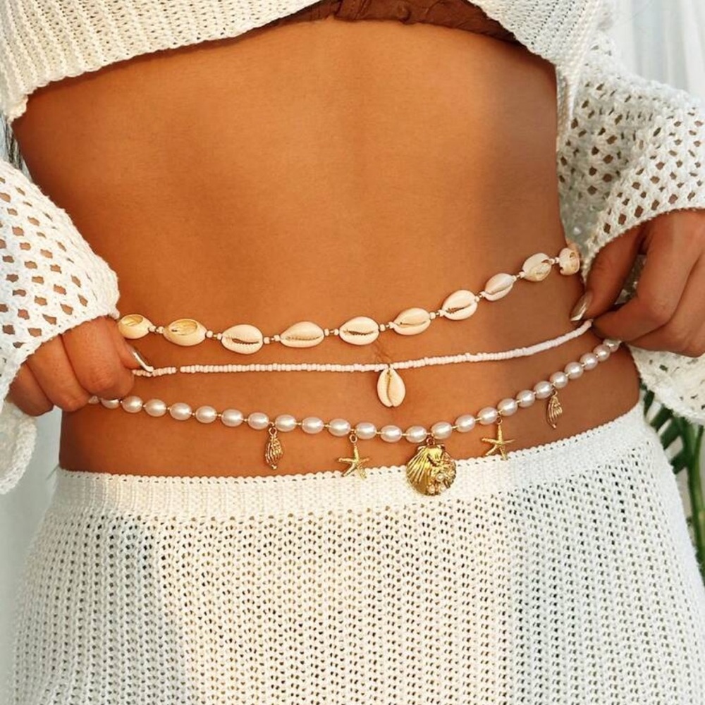 Gold and White Shell Charm Waist Chain 3 Piece Belt